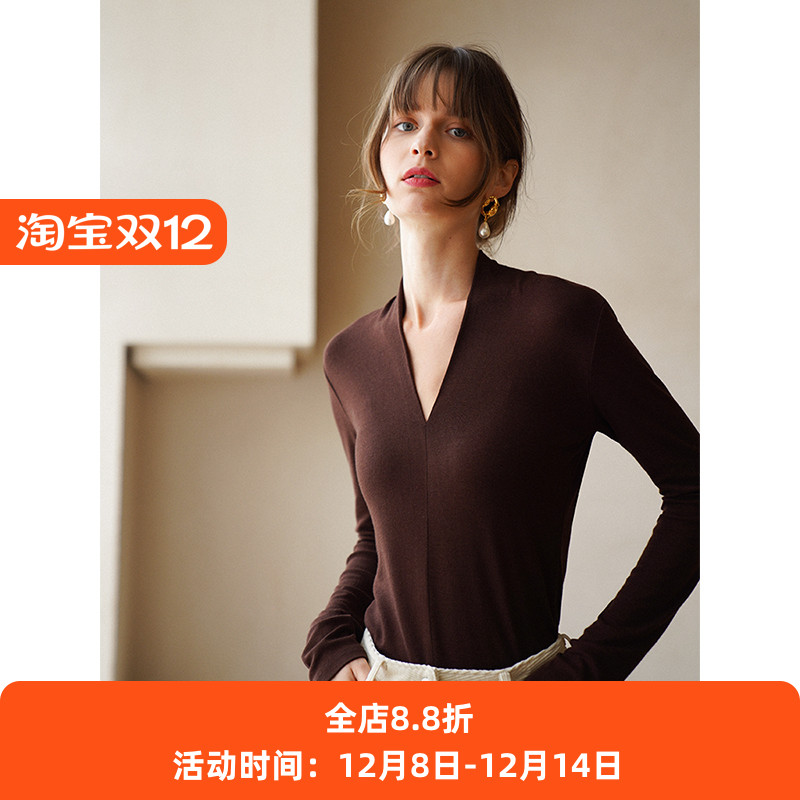 法式v领针织打底衫t恤锁骨上衣