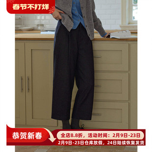 复古黑灰色人字纹羊毛毛呢高腰直筒裤九分裤女秋冬款休闲通勤西裤