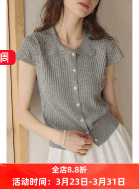 miu系polo娃娃领短袖针织衫薄款复古正肩短款翻领气质上衣女夏款