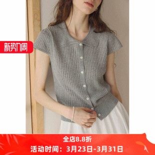 翻领气质上衣女夏款 miu系polo娃娃领短袖 复古正肩短款 薄款 针织衫