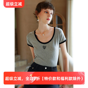 莫西法式 棉T恤女夏露锁骨上衣 复古风百搭大U型领修身 减龄撞色短袖