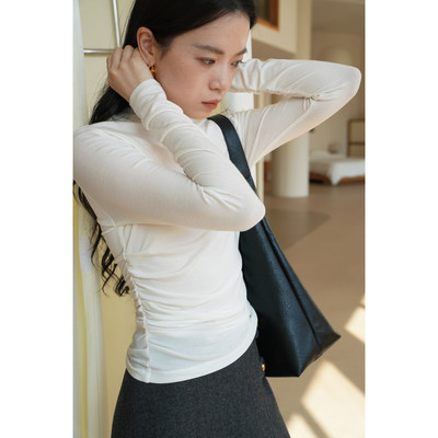 高领亲肤柔软天丝羊毛褶皱收腰修身显瘦T恤女秋款设计感内搭上衣