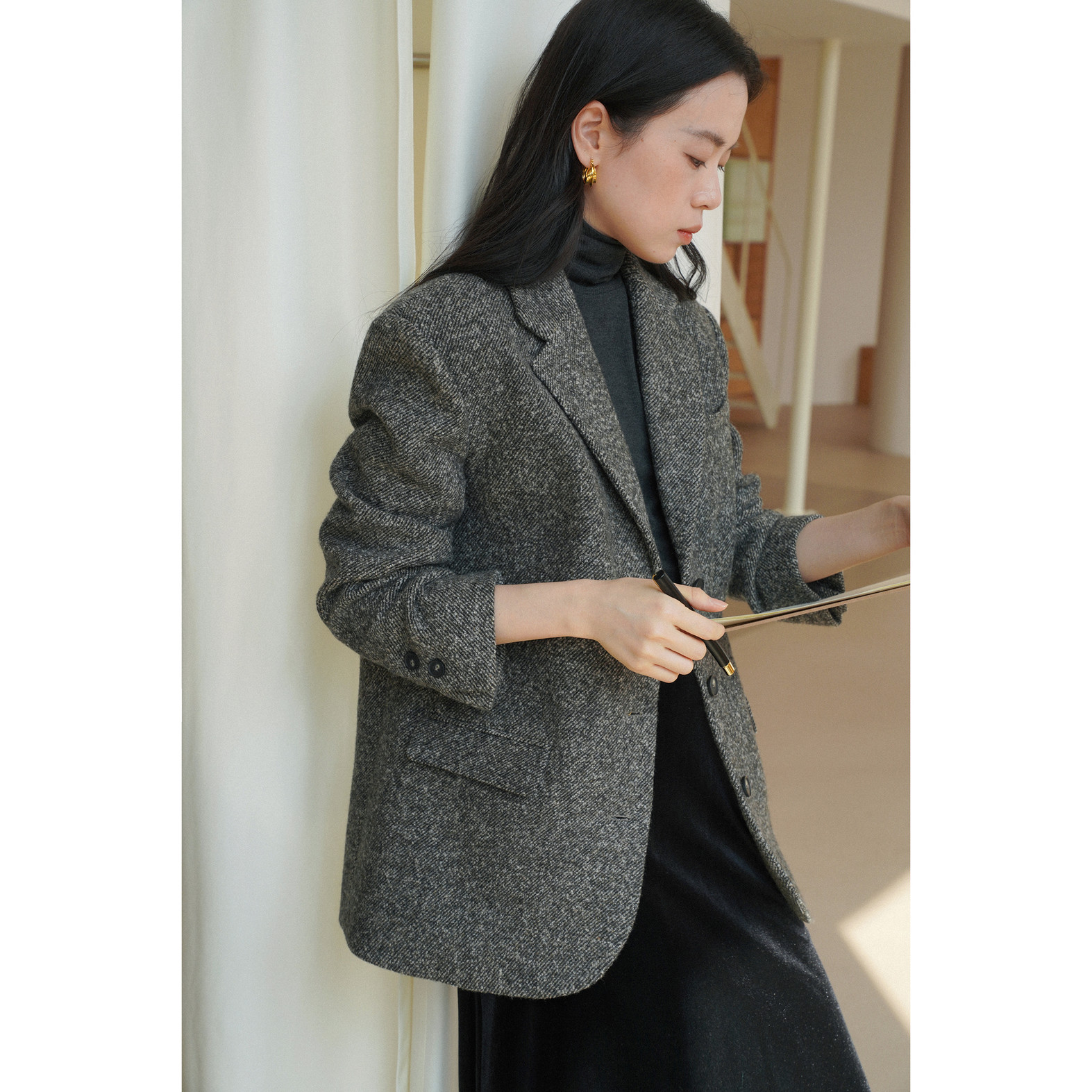 复古风羊毛人字纹粗花呢宽松廓形西装毛呢外套女秋冬新款休闲通勤