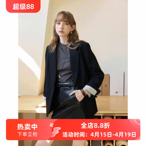 天丝醋酸黑色宽松西装外套通勤