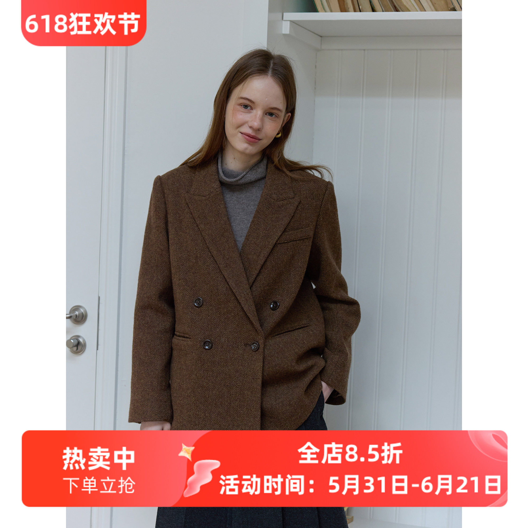 复古风全羊毛斜纹宽松西装毛呢外套女呢子秋冬季款通勤韩版小个子