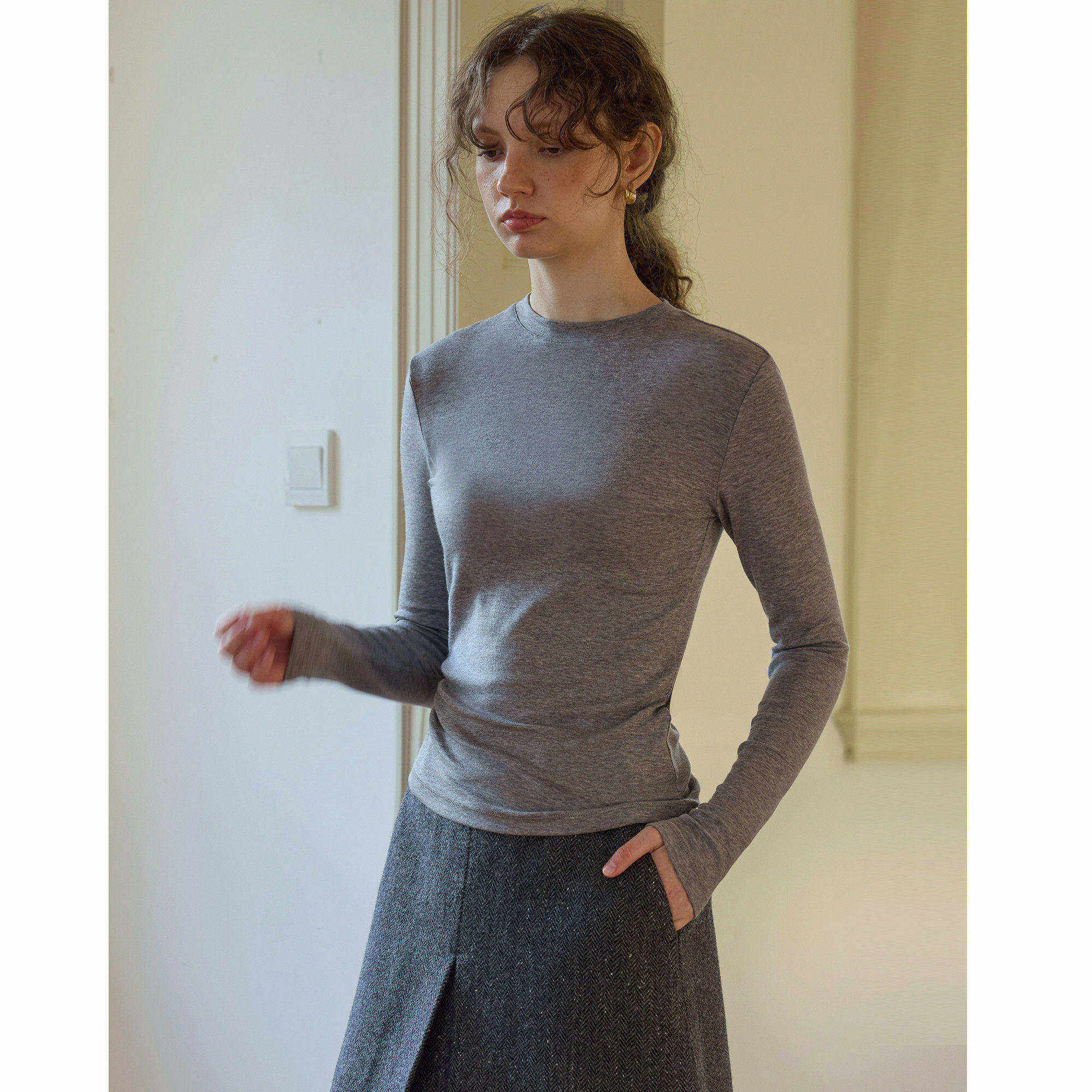 兰精天丝羊毛圆领修身长袖打底衫T恤女秋冬薄款百搭叠穿内搭上衣