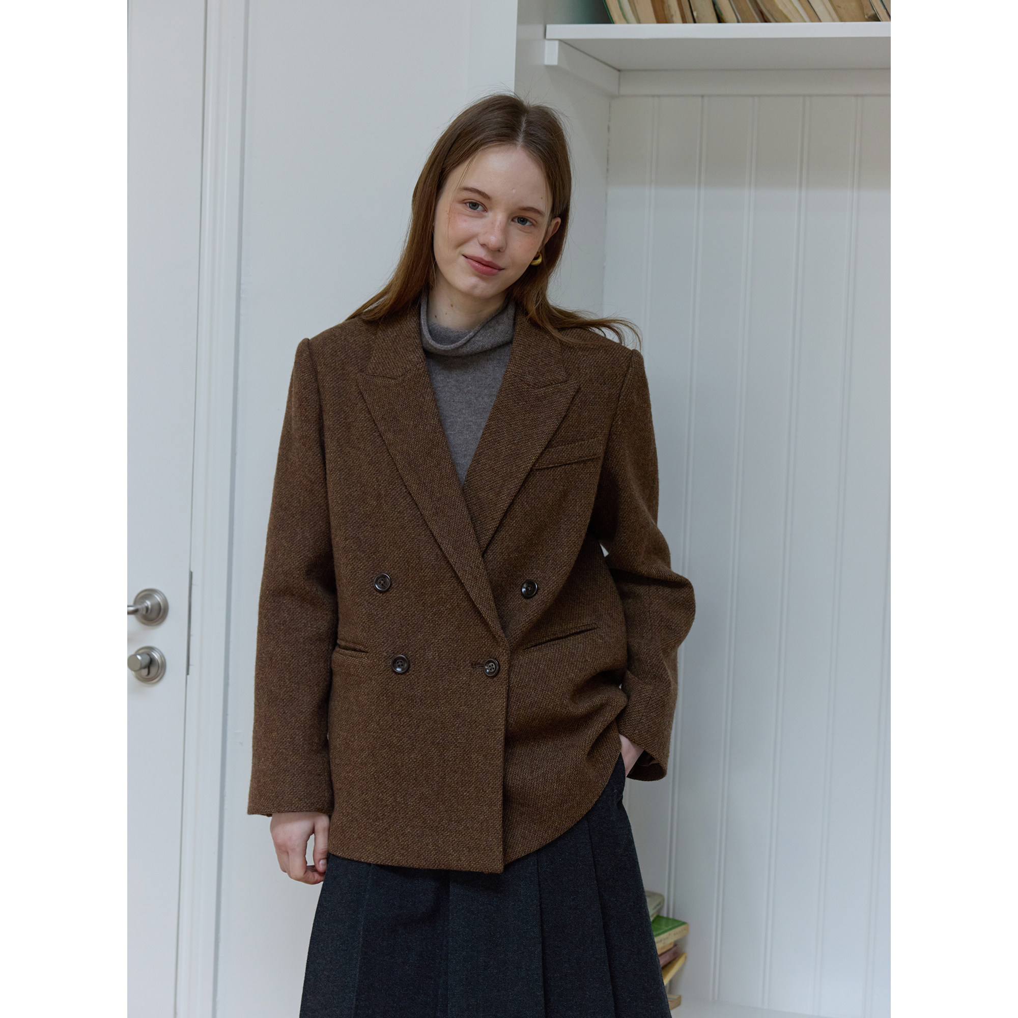 复古风全羊毛斜纹宽松西装毛呢外套女呢子秋冬季款通勤韩版小个子