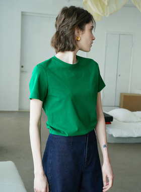 复古绿色圆领干爽透气强捻纱斜纹纯棉宽松正肩短袖T恤女夏款上衣