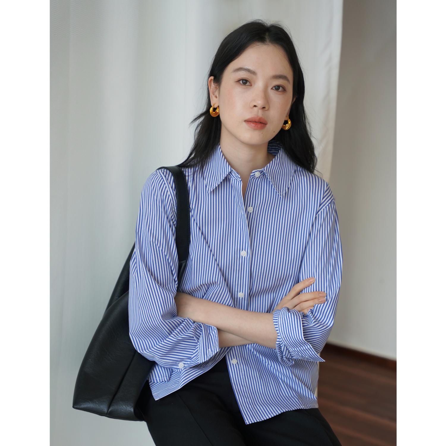 秋款休闲风蓝条纹常规通勤衬衫