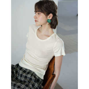 亲肤柔软天丝羊毛圆领修身显瘦内搭短袖T恤女夏款露锁骨正肩上衣