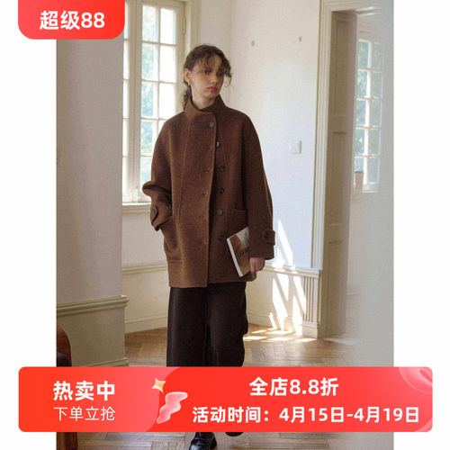 咖色立领短款宽松绵羊毛骆驼绒双面呢大衣女秋冬款小个子呢子外套