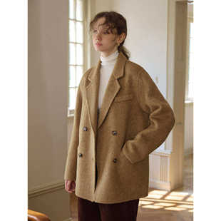 复古西装领宽松短款羊毛骆驼绒双面呢大衣女秋冬季毛呢外套小个子