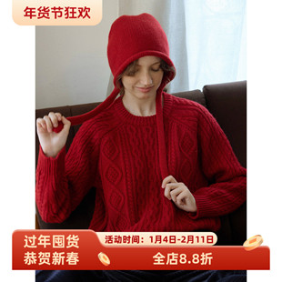 复古红色圆领粗棒针麻花宽松全羊毛针织衫毛衣女秋冬加厚保暖上衣