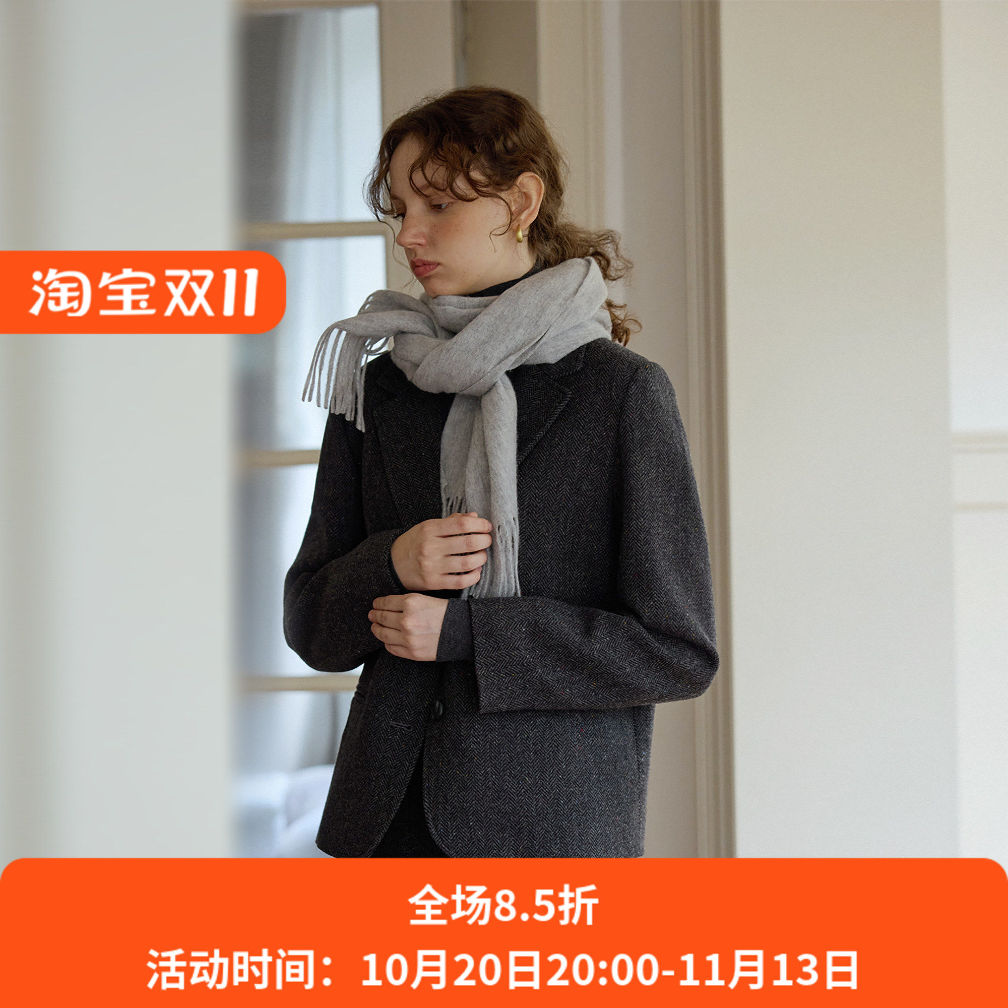 复古人字纹羊毛休闲宽松短款西装毛呢外套女秋冬新款呢子通勤韩版