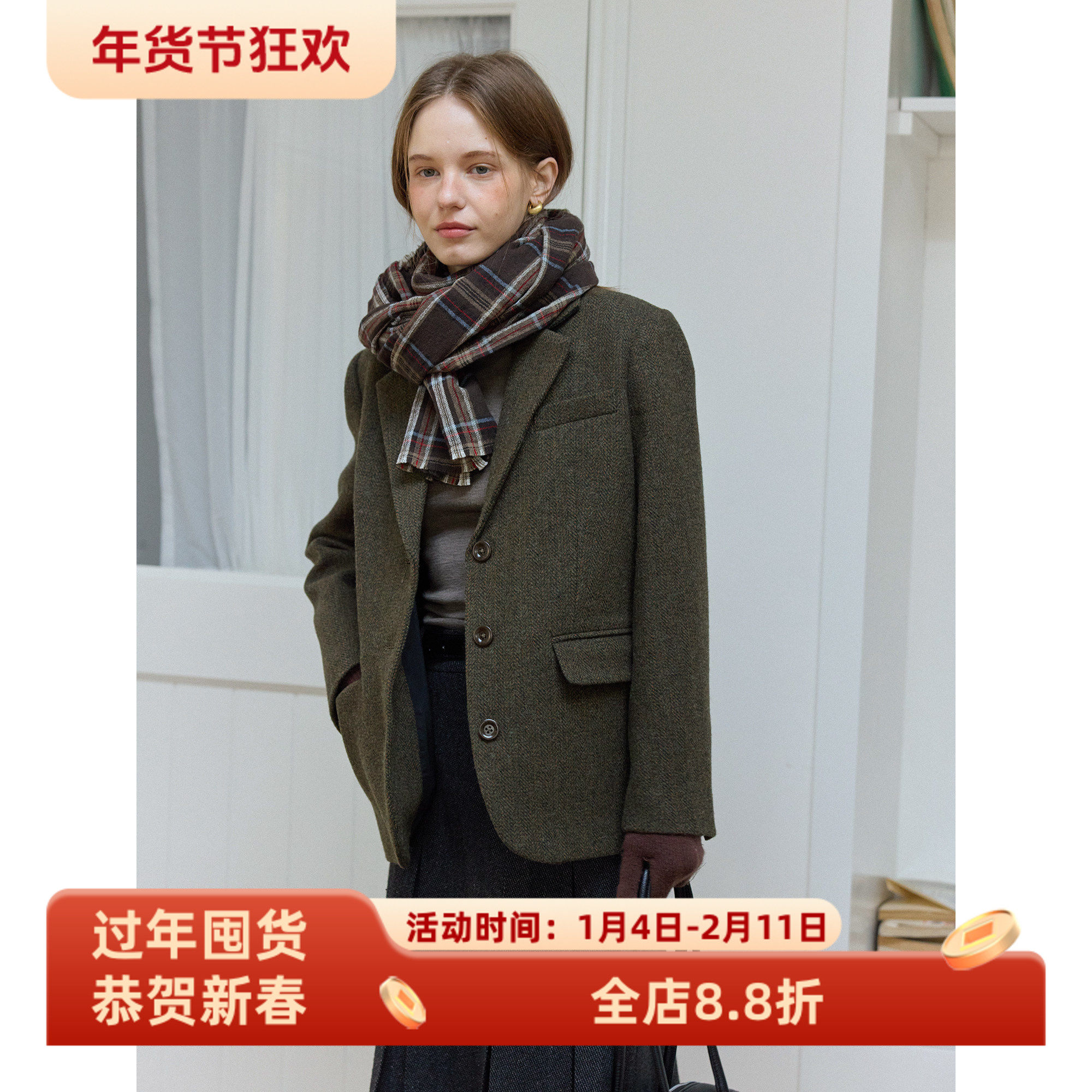 复古风绿色全羊毛休闲宽松西装毛呢外套女呢子秋冬款百搭通勤韩版