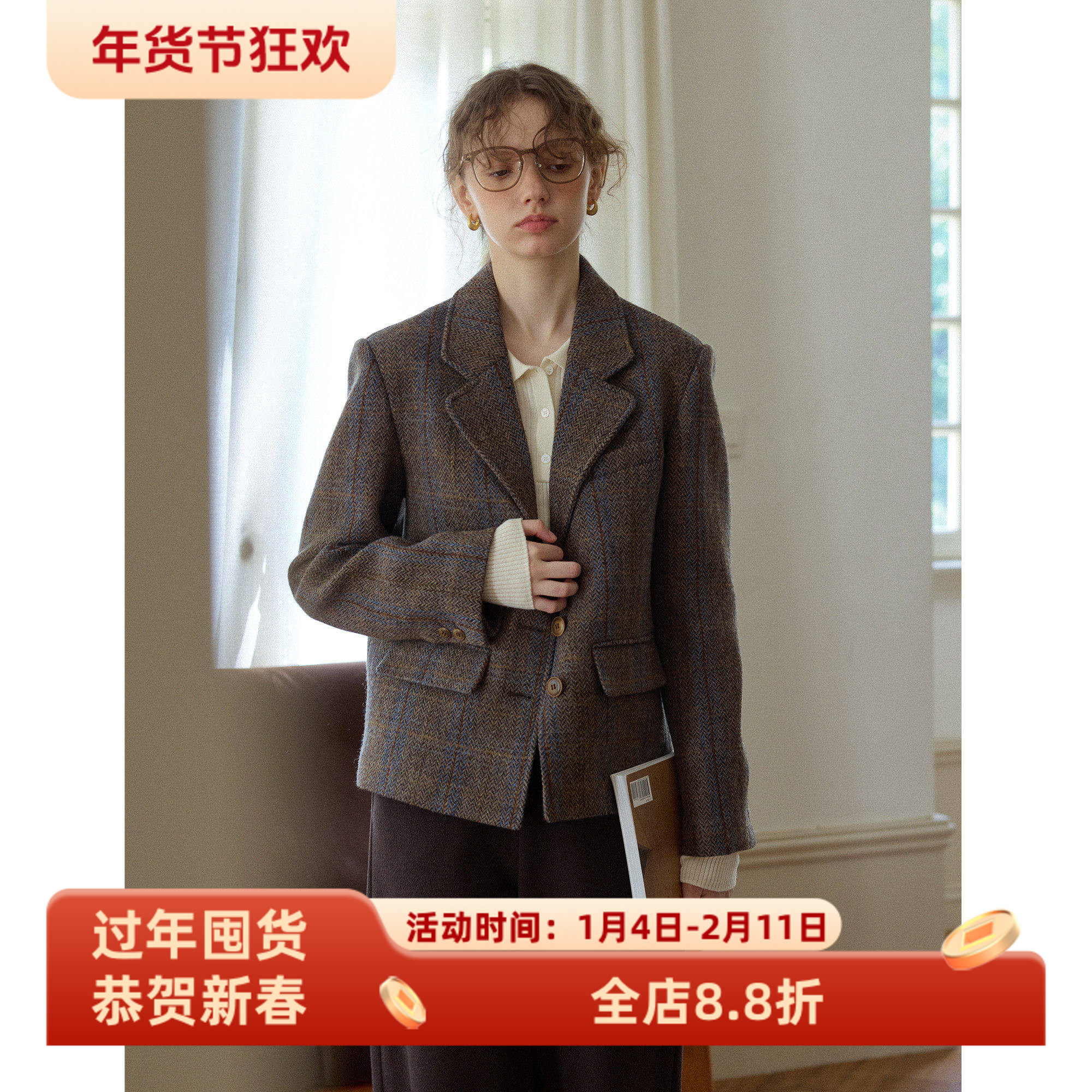 复古风格纹宽松短款羊毛毛呢西装外套女秋冬季新款呢子通勤小个子,女装/女士精品,西装,淘宝优惠券,粉丝福利购,淘宝优惠卷