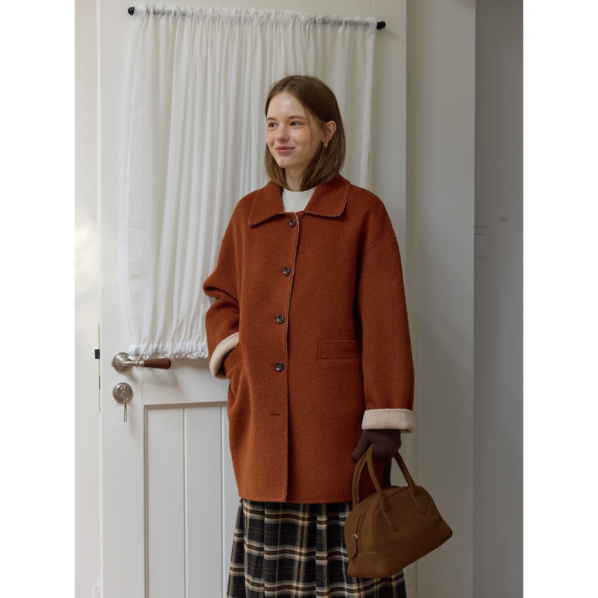 复古桔红色翻领双色绵羊毛双面呢大衣女秋冬款小个子呢子外套韩系