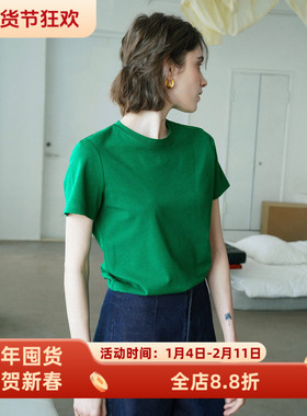 复古绿色圆领干爽透气强捻纱斜纹纯棉宽松正肩短袖T恤女夏款上衣