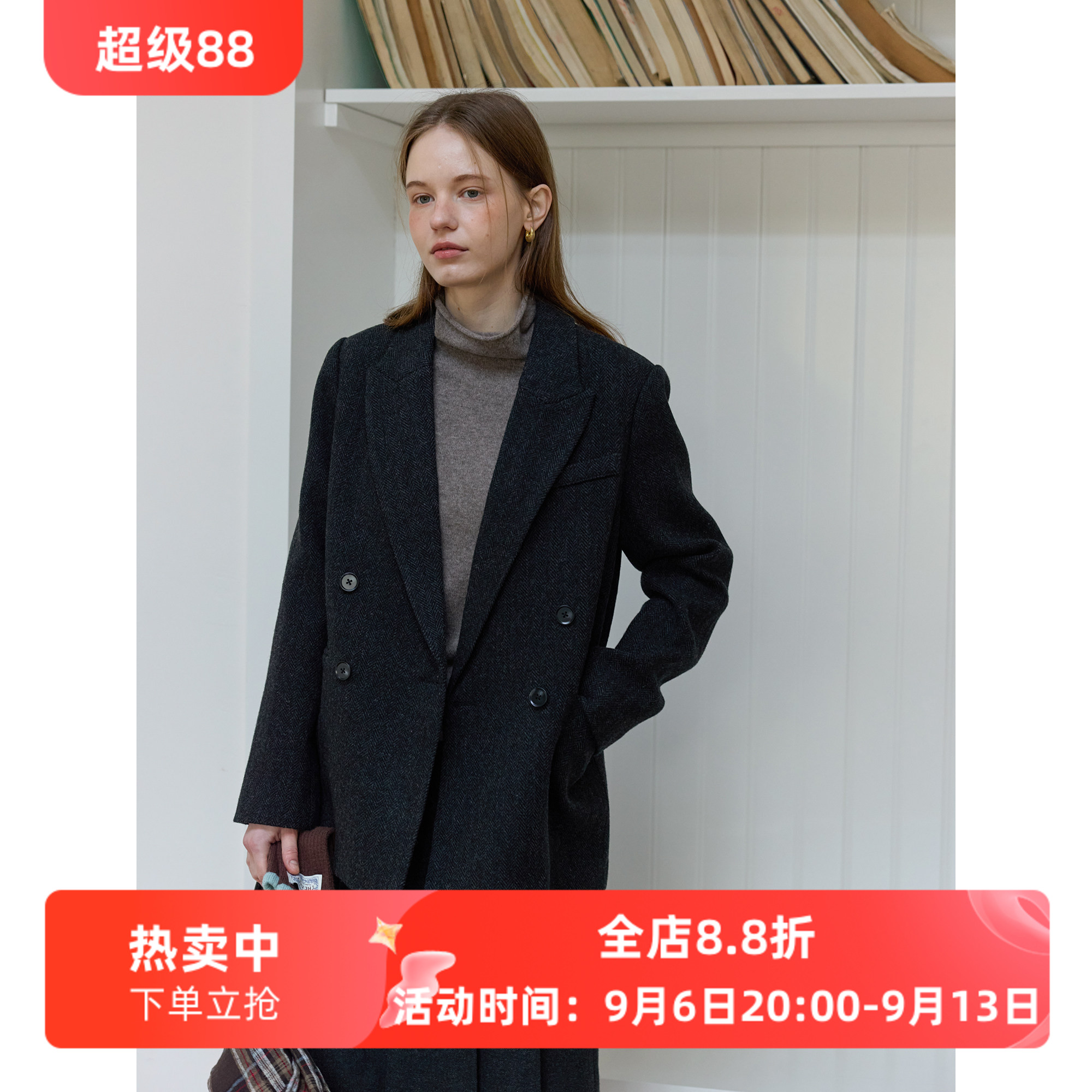 复古风全羊毛人字纹休闲宽松西装毛呢外套女呢子秋冬新款通勤韩版