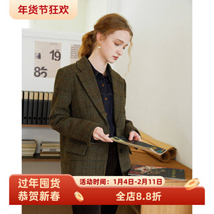 英伦复古风深绿色高级感格纹纯羊毛毛呢西装外套女呢子秋冬新款