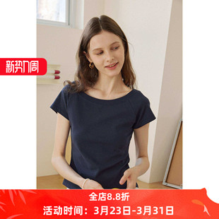 T恤女夏露锁骨短款 显瘦短袖 上衣 基础简约白色百搭一字领修身 经典