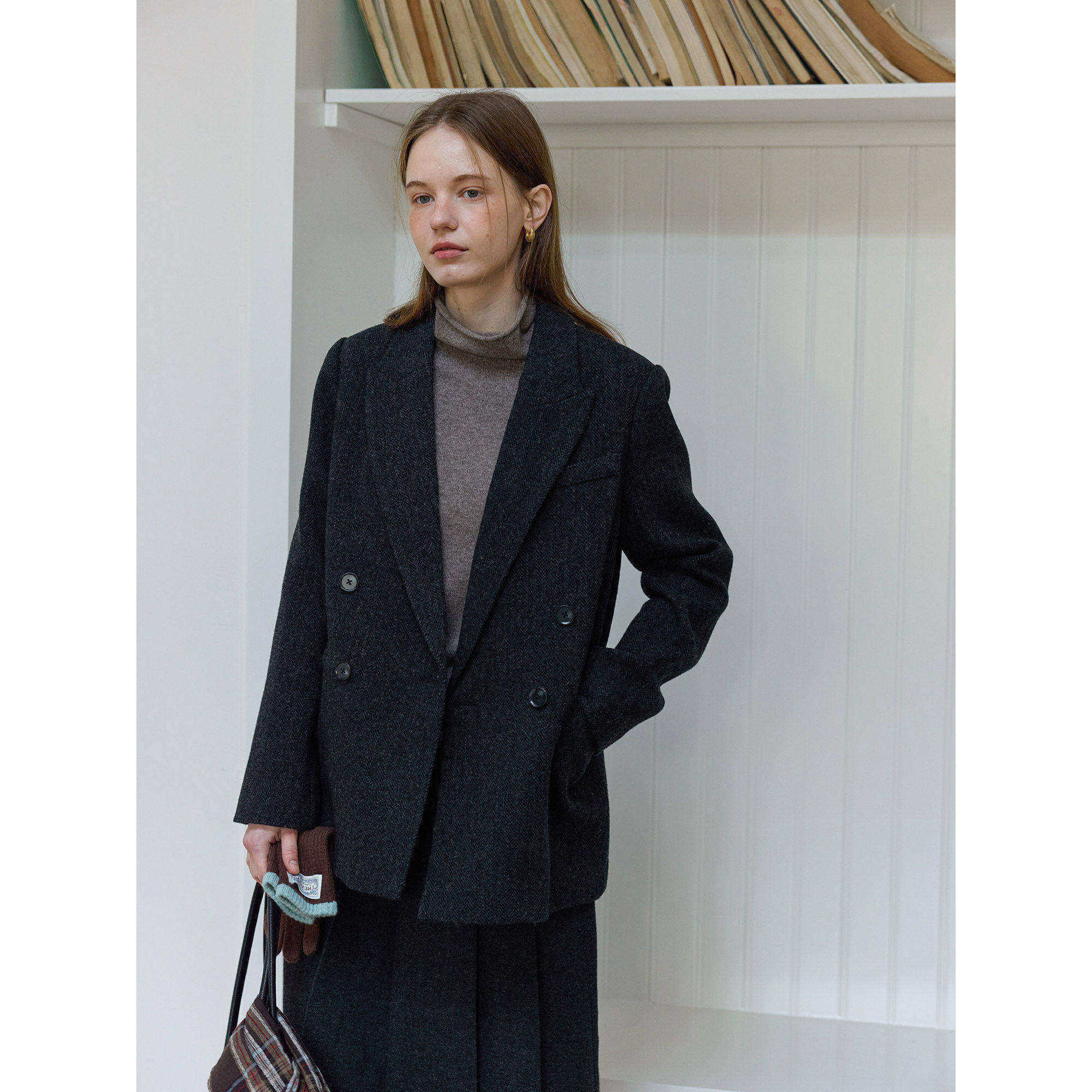 复古风全羊毛人字纹休闲宽松西装毛呢外套女呢子秋冬新款通勤韩版