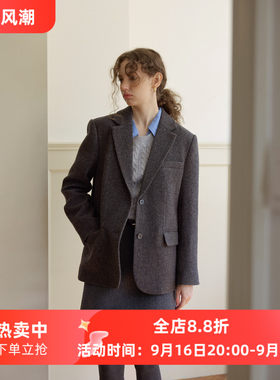 复古全羊毛休闲宽松短款西装毛呢外套女秋冬款呢子通勤韩版小个子
