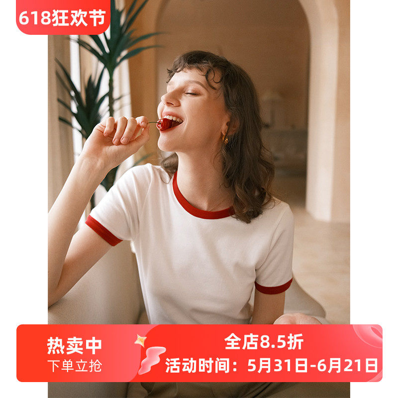 徐莫西 法式文艺范复古ins风红色领口撞色修身短袖棉T恤女夏上衣
