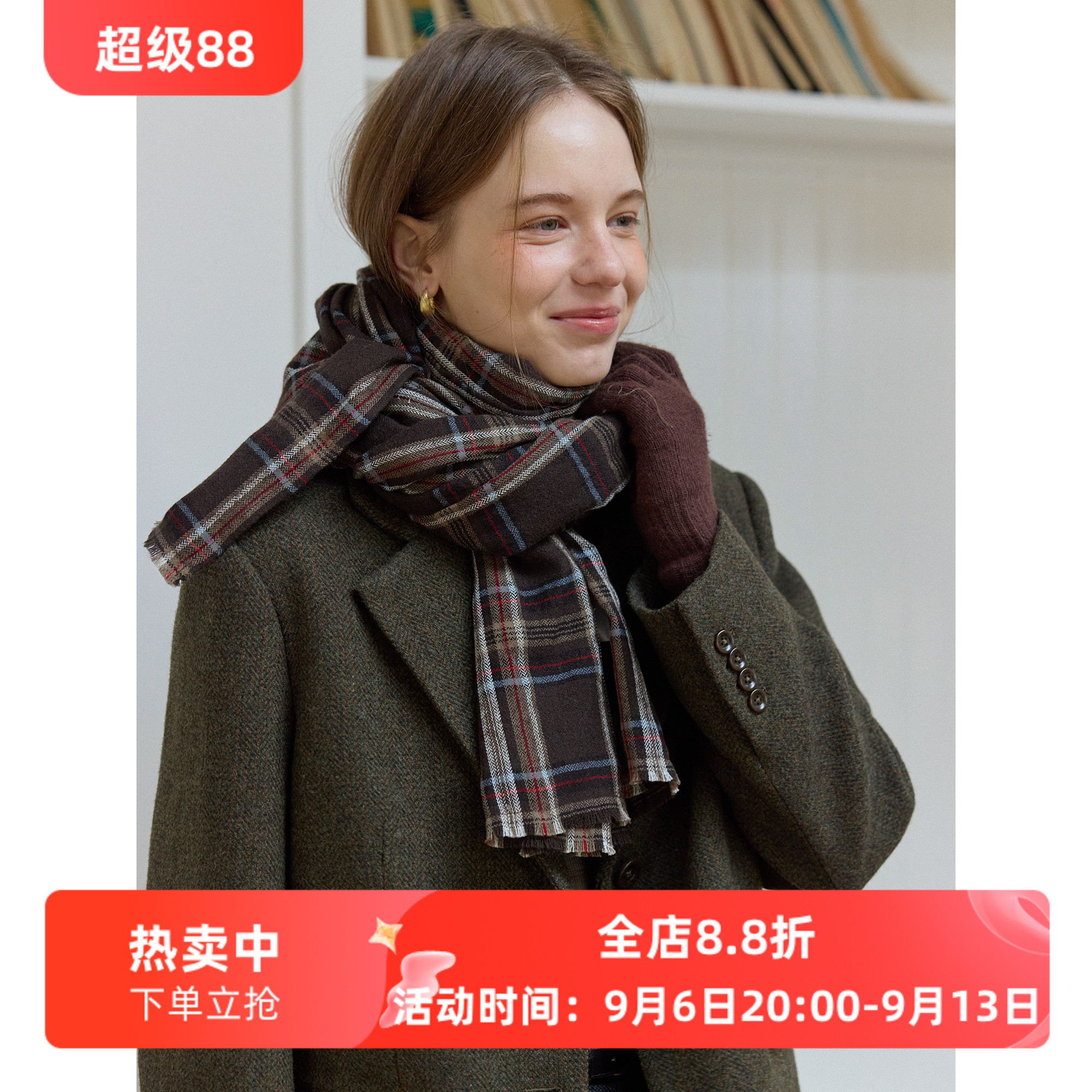 复古百搭格纹肌理感羊毛保暖围巾女秋冬款格子韩系高级感围脖披肩