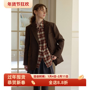 英伦复古风宽松短款羊毛混纺毛呢西装外套女呢子秋冬款通勤小个子