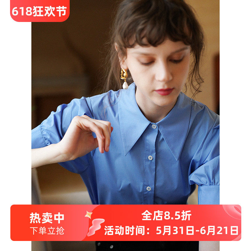徐莫西 文艺风百搭蓝色尖领泡泡短袖宽松衬衫女夏韩版休闲白衬衫