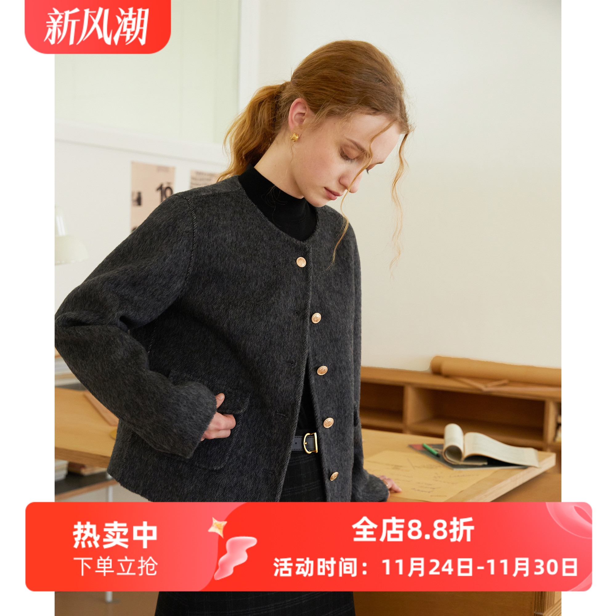 骆驼绒小香风宽松短款双面呢大衣