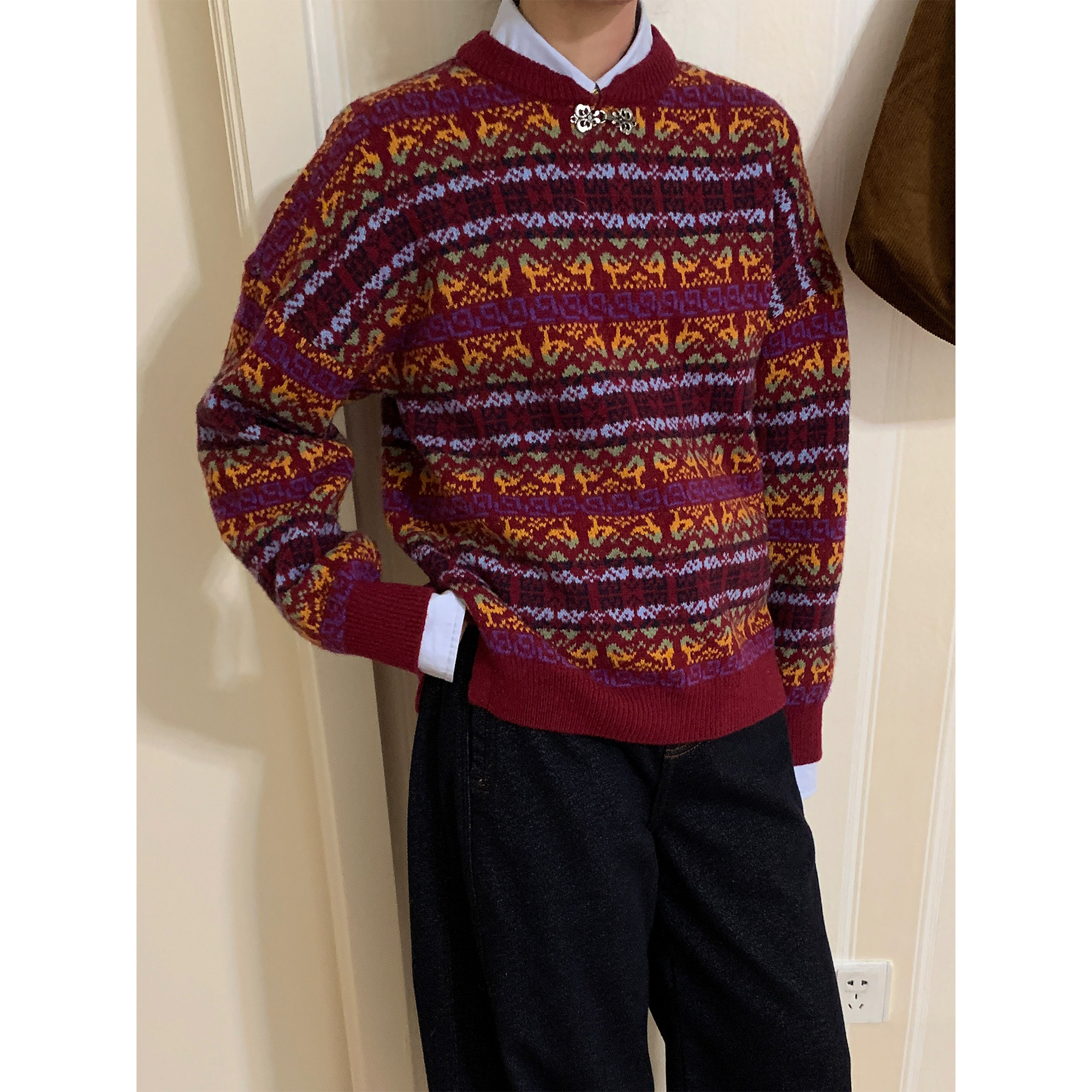 雾岛线诗”100绵羊毛费尔岛风格！安哥拉红色花套头毛衣外套