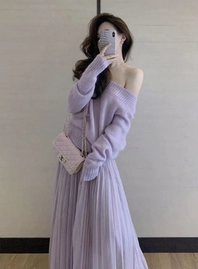 超仙的紫色套装连衣裙女2025秋法式一字领海马毛百褶半身裙两件套