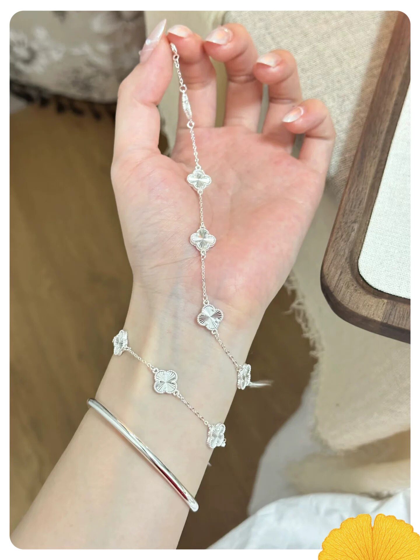 四叶草990 银手链女纯银五花镭射足银手链小众设计送闺蜜女友礼物