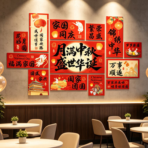 中秋国庆墙面KT板套装月满中秋盛世华诞饭店商场橱窗节日装饰布置