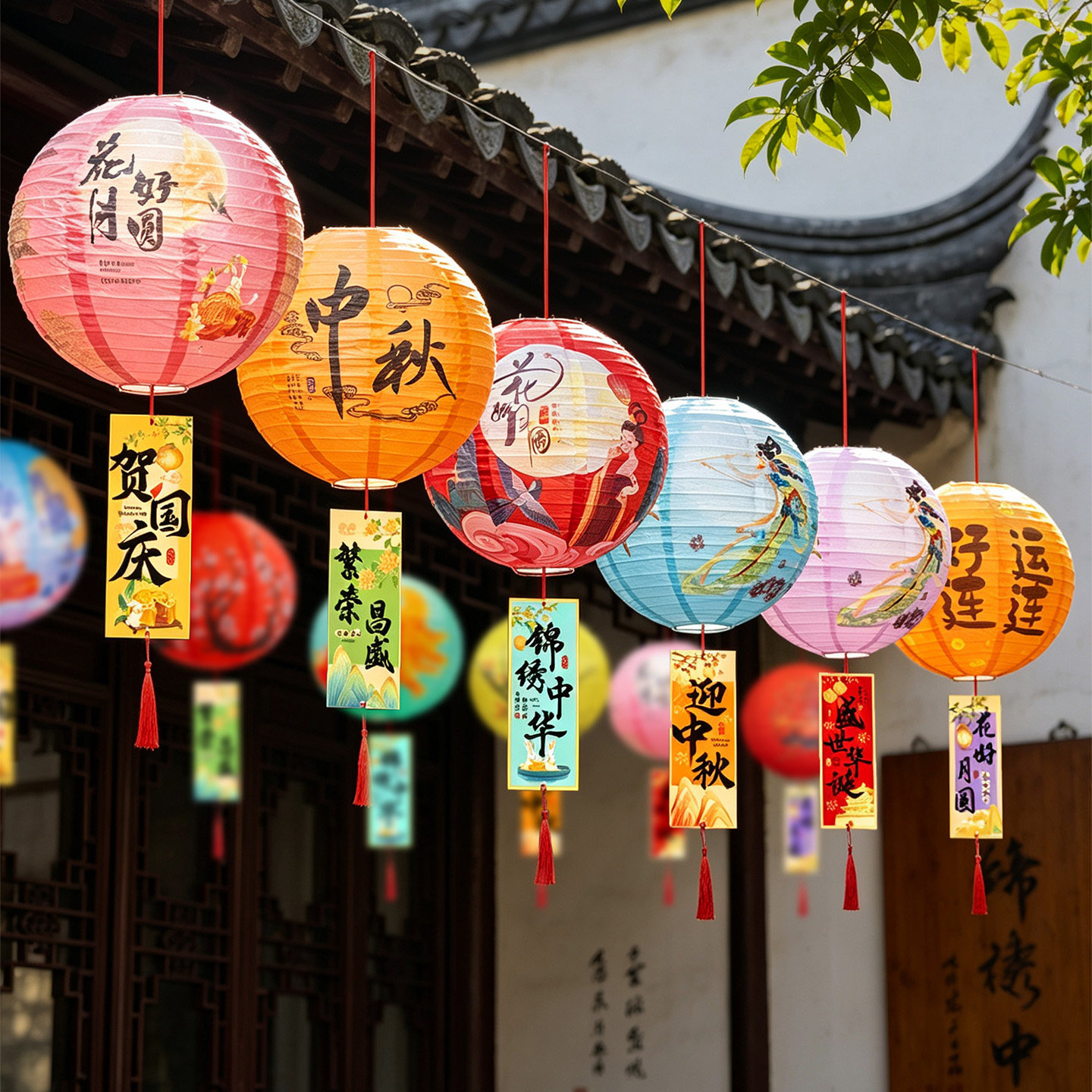 中秋国庆双节圆形纸灯笼挂件吊饰商场酒店餐饮店吊顶中式氛围装饰图片