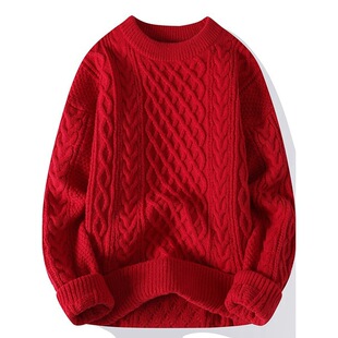 本命年大红色毛衣秋冬季男加厚高级感粗麻花针织外套马年情侣线衣