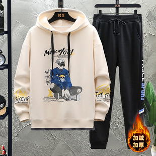 高端连帽卫衣套装男2025秋冬季新款潮流加绒加厚初中高中学生外套