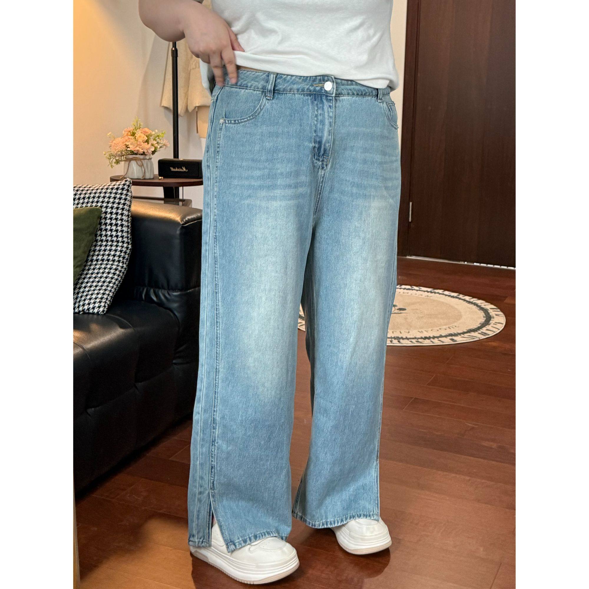 大阿娇 水洗蓝色牛仔裤2025年新款直筒裤腿开叉设计长裤女裤