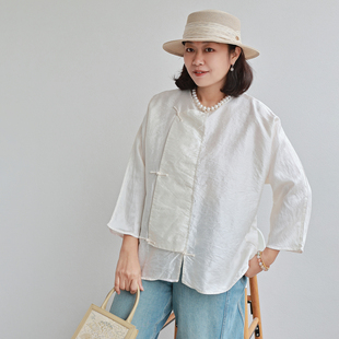 高奢 静美 进口法国塔夫绸 珍珠米白 微皱设计纯色中式圆领上衣