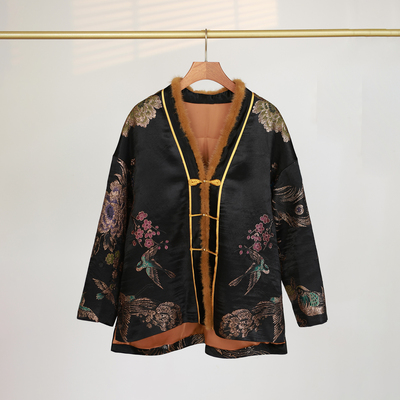 高定重磅满金老缎 拼水貂领  夹丝棉 显瘦保暖别致新中式外套棉衣