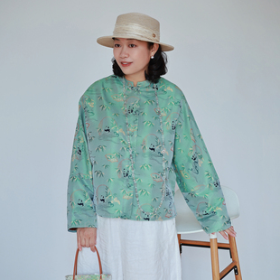 z非遗蜀锦 松石绿 真丝熊猫抱竹~ 超大气 盘扣新中式减龄外套