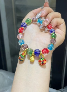 琉璃香灰吞金兽手串镀彩圆珠吞金兽一家三口财运女手链