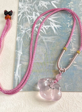 天然粉水晶祥云吊坠粉晶如意平安锁项链中式锁骨链简约毛衣链礼物