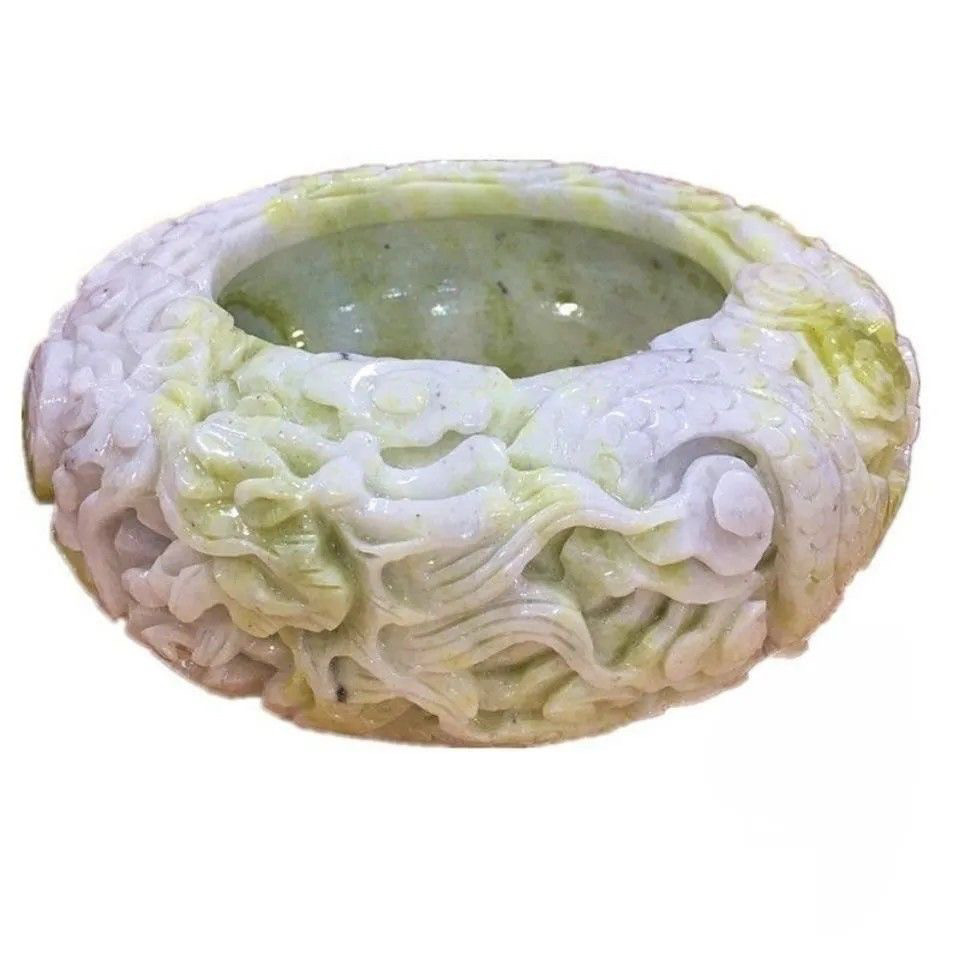 天然岫岩玉石岫玉祥龙雕刻鱼缸聚宝盆招财进宝手工生意兴隆摆件