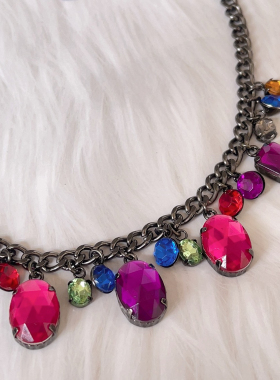 新款彩色水晶欧美复古中古土酷蹦迪少女心项链颈链锁骨链礼物