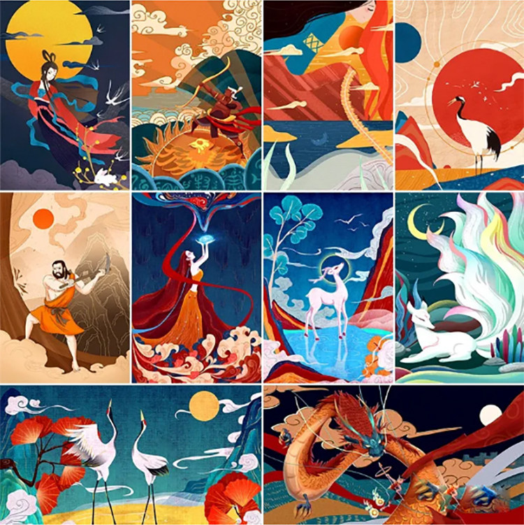 中国古代神话传说嫦娥奔月手绘插画国潮背景psd海报设计素材