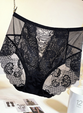 黑色高腰内裤女蕾丝性感透明无痕情调抗菌纯棉裆宝妈大码三角短裤