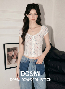 DOMI白色碎花短袖修身衬衫女夏季收腰衬衣少女感短款上衣